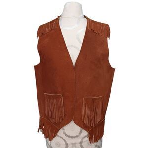 Vintage Brown Suede Leather Fringe Southwest Cowboy Boho Vest Size Large